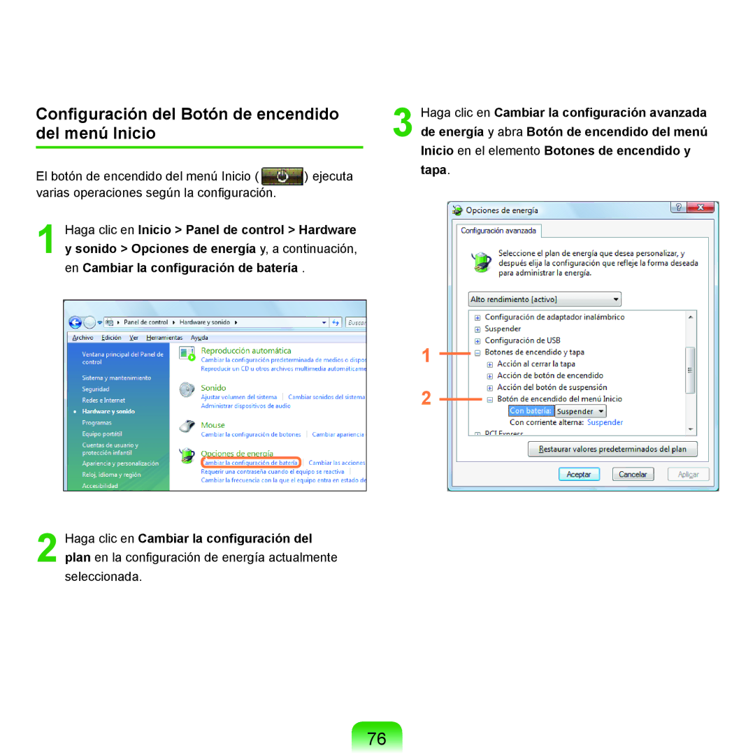 Samsung NP-R40FY01/SES, NP-R40FY07/SES, NP-R40FY00/SES, NP-R40XY01/SES Configuración del Botón de encendido del menú Inicio 