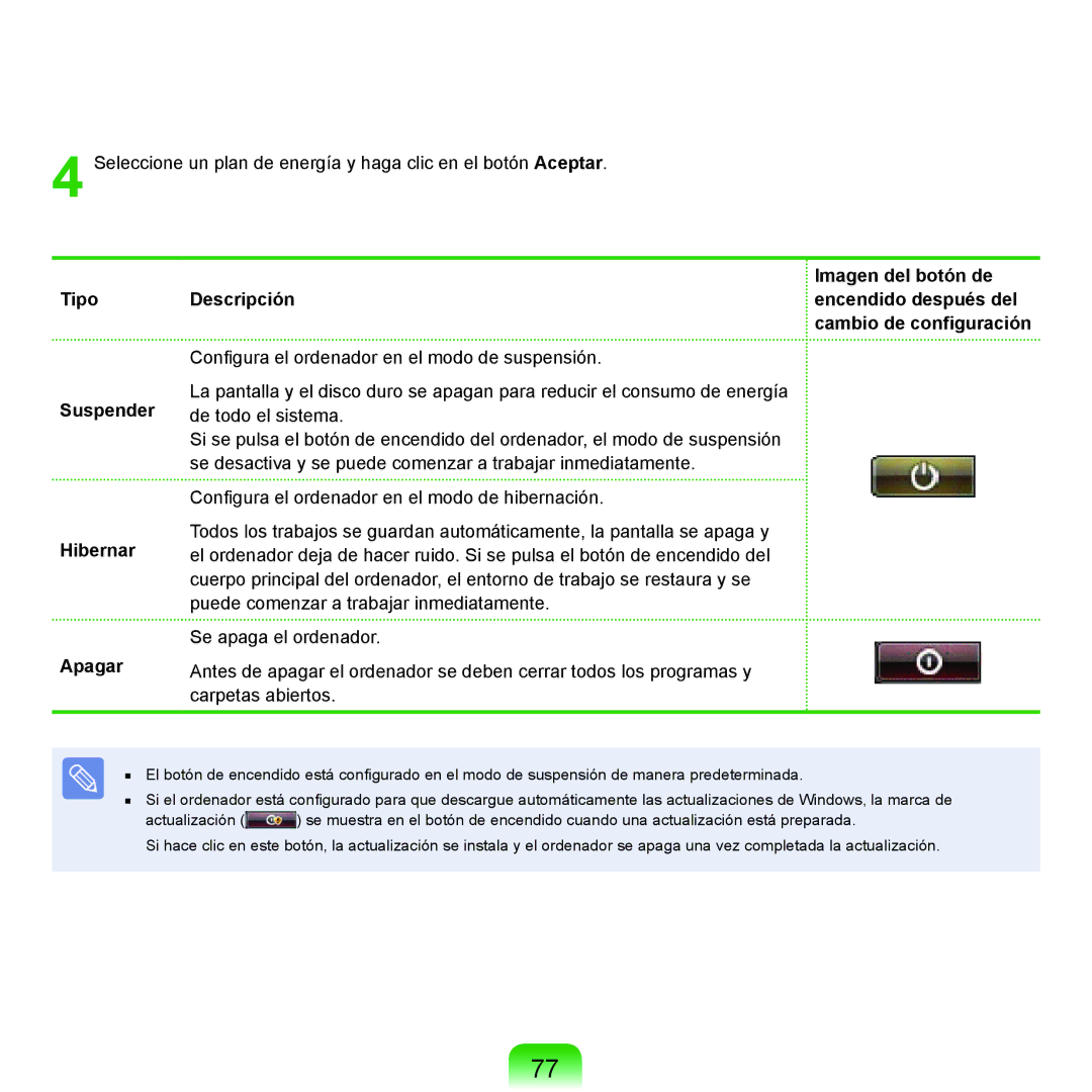 Samsung NP-R40FY05/SES, NP-R40FY07/SES, NP-R40FY00/SES, NP-R40XY01/SES manual Tipo Suspender Hibernar Apagar Descripción 