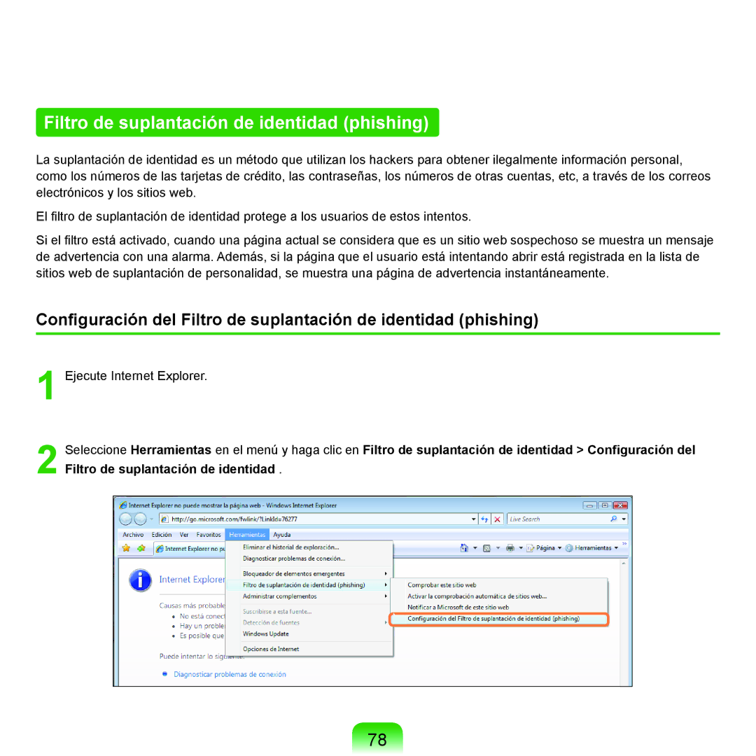 Samsung NP-R40FY03/SES, NP-R40FY07/SES, NP-R40FY00/SES, NP-R40XY01/SES manual Filtro de suplantación de identidad phishing 