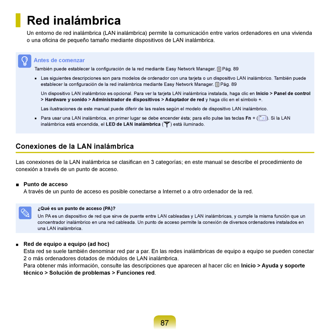 Samsung NP-R40FY08/SES Red inalámbrica, Conexiones de la LAN inalámbrica, Punto de acceso, Red de equipo a equipo ad hoc 