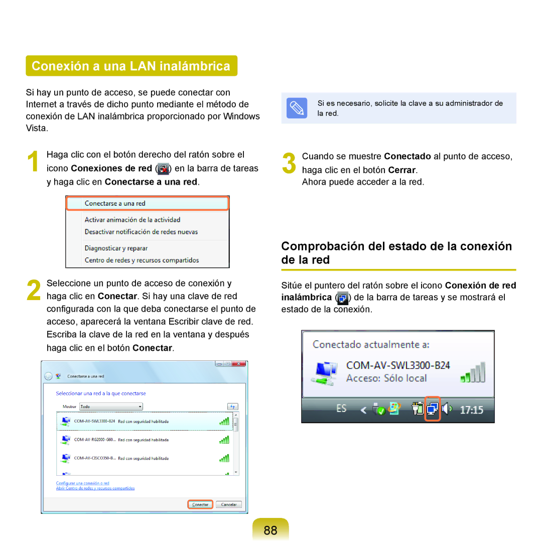 Samsung NP-R40FY06/SES, NP-R40FY07/SES Conexión a una LAN inalámbrica, Comprobación del estado de la conexión de la red 