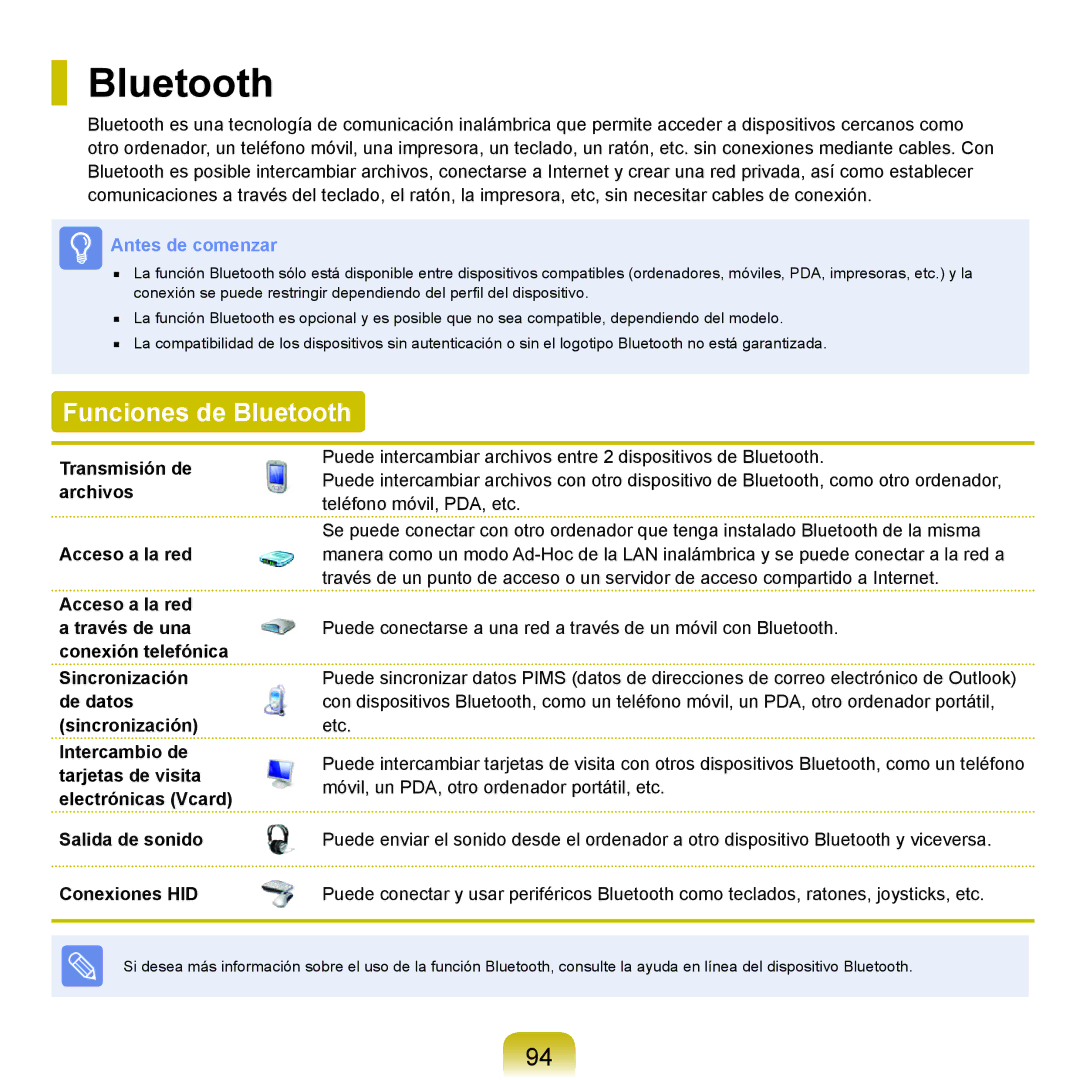 Samsung NP-R40FY0C/SES, NP-R40FY07/SES, NP-R40FY00/SES, NP-R40XY01/SES, NP-R40FY0A/SES manual Funciones de Bluetooth 