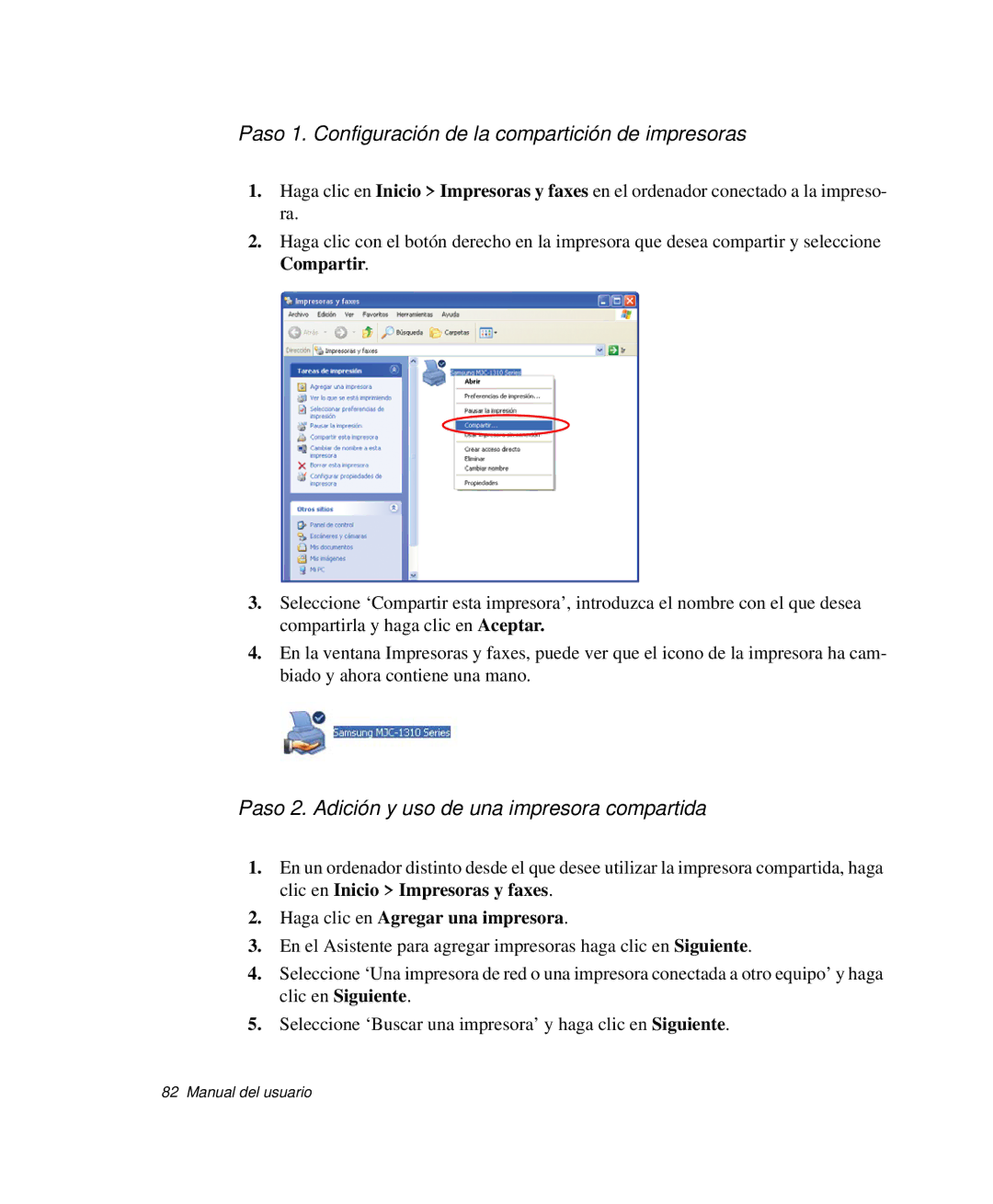 Samsung NP-R40K002/SES manual Paso 1. Configuración de la compartición de impresoras, Haga clic en Agregar una impresora 