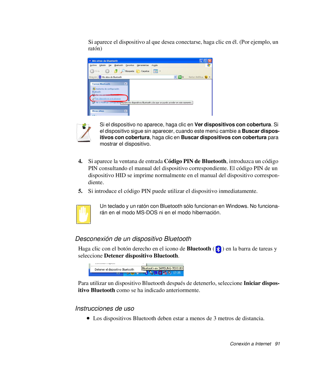 Samsung NP-R40XY01/SES, NP-R40FY07/SES, NP-R40FY00/SES manual Desconexión de un dispositivo Bluetooth, Instrucciones de uso 