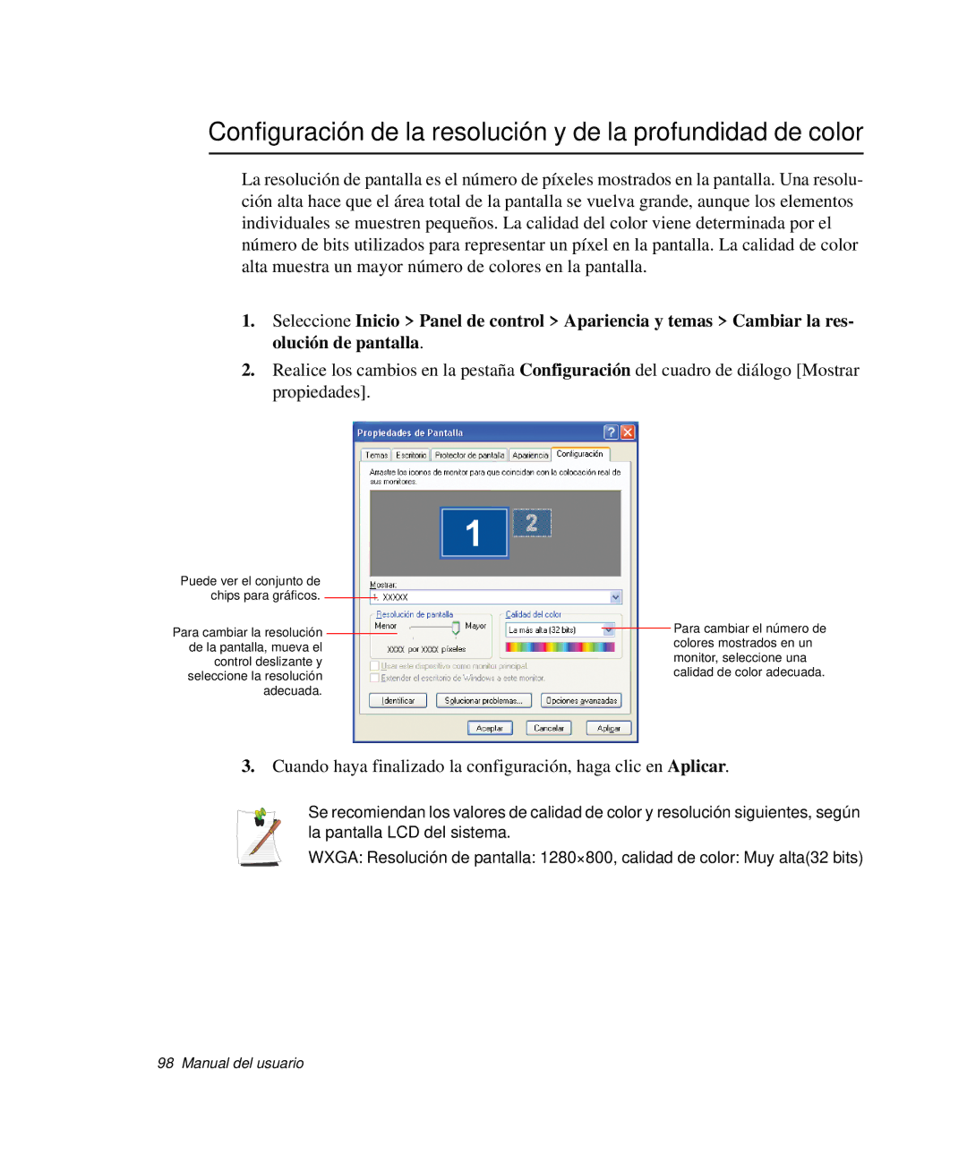 Samsung NP-R40FY06/SES, NP-R40FY07/SES, NP-R40FY00/SES manual Configuración de la resolución y de la profundidad de color 