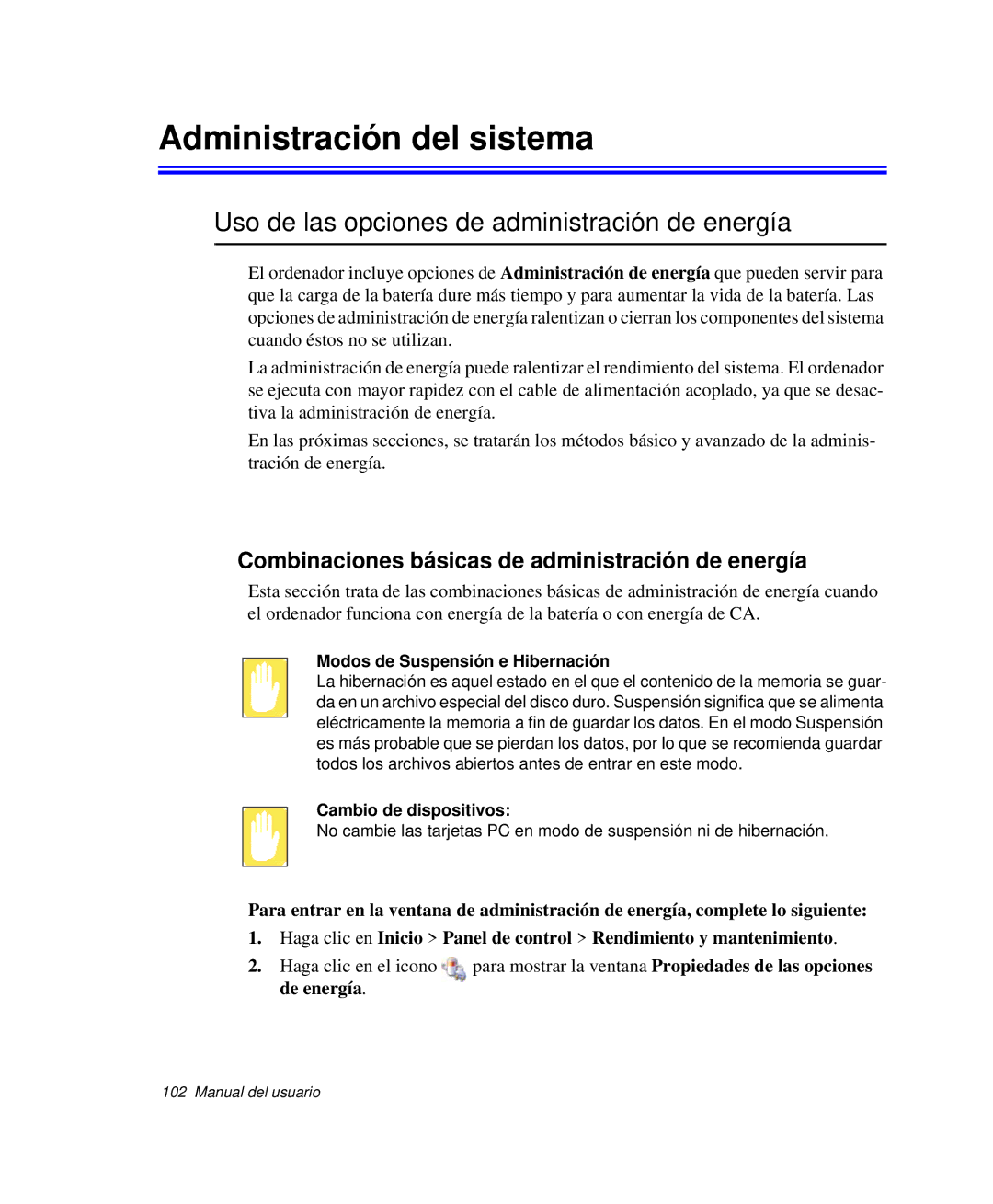 Samsung NP-R40FY0B/SES, NP-R40FY07/SES manual Administración del sistema, Uso de las opciones de administración de energía 