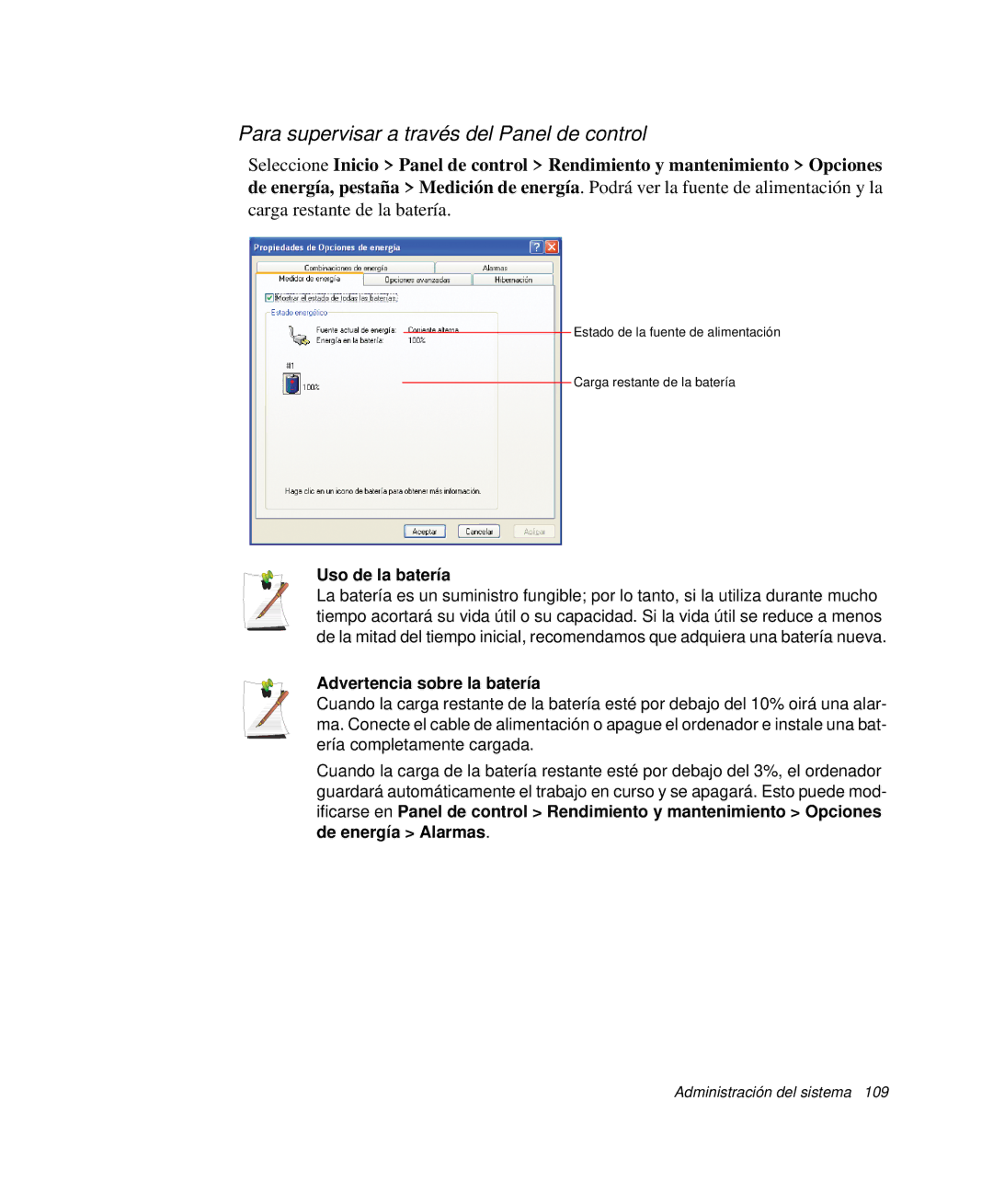 Samsung NP-R40K002/SES Para supervisar a través del Panel de control, Uso de la batería, Advertencia sobre la batería 