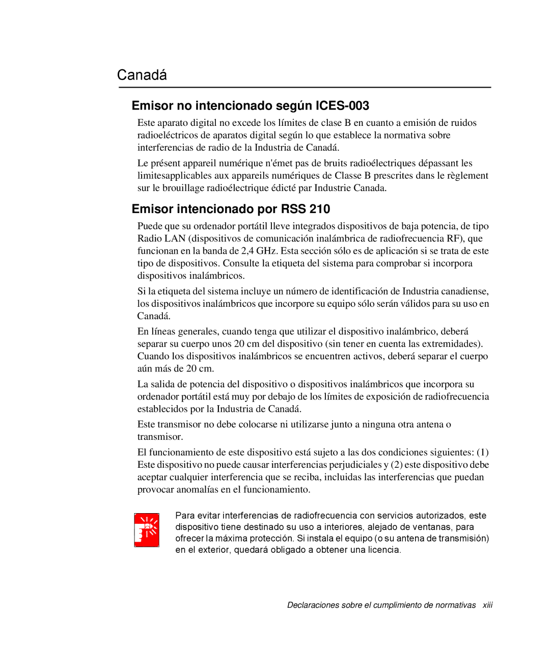 Samsung NP-R40FY0B/SES, NP-R40FY07/SES manual Canadá, Emisor no intencionado según ICES-003, Emisor intencionado por RSS 