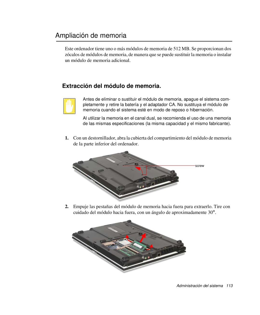 Samsung NP-R40FY0C/SES, NP-R40FY07/SES, NP-R40FY00/SES manual Ampliación de memoria, Extracción del módulo de memoria 