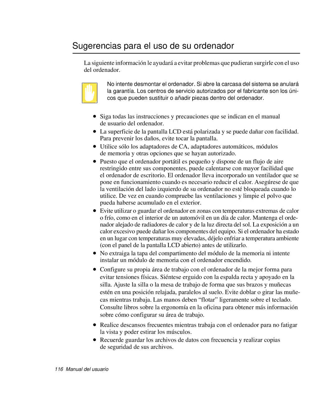 Samsung NP-R40FY07/SES, NP-R40FY00/SES, NP-R40XY01/SES, NP-R40R001/SES manual Sugerencias para el uso de su ordenador 