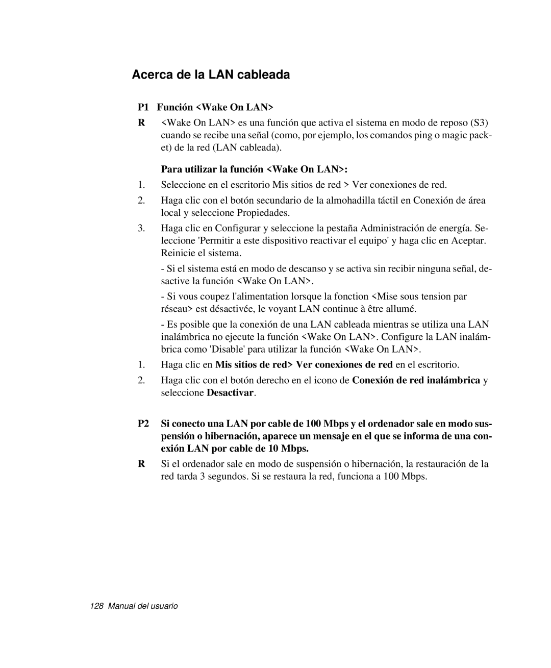 Samsung NP-R40K001/SES manual Acerca de la LAN cableada, P1 Función Wake On LAN, Para utilizar la función Wake On LAN 