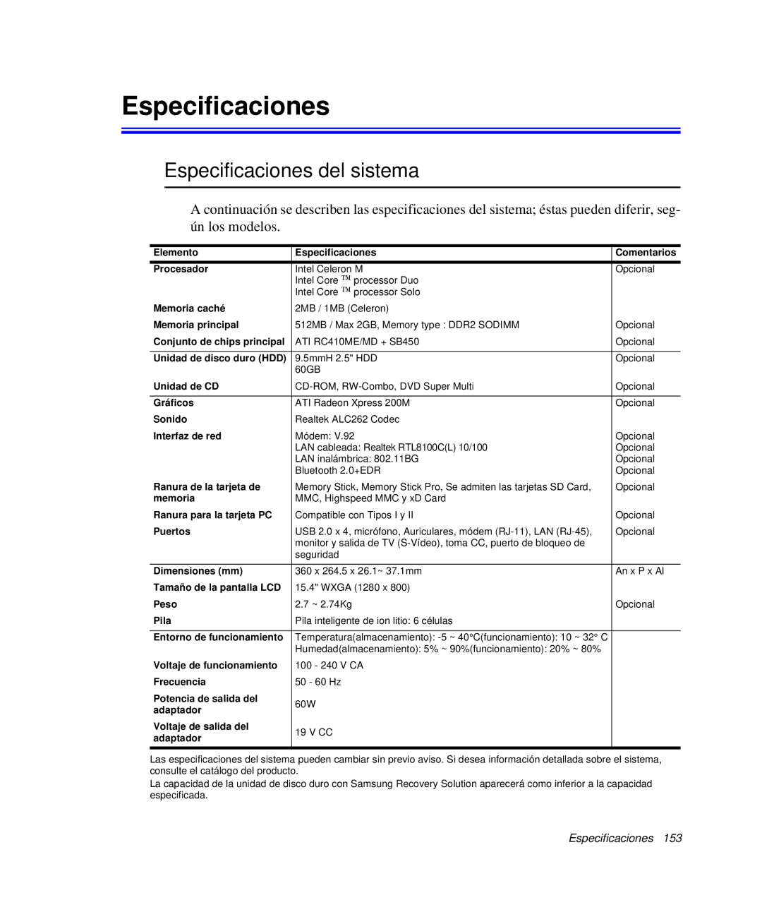 Samsung NP-R40K004/SES, NP-R40FY07/SES, NP-R40FY00/SES, NP-R40XY01/SES, NP-R40R001/SES manual Especificaciones del sistema 