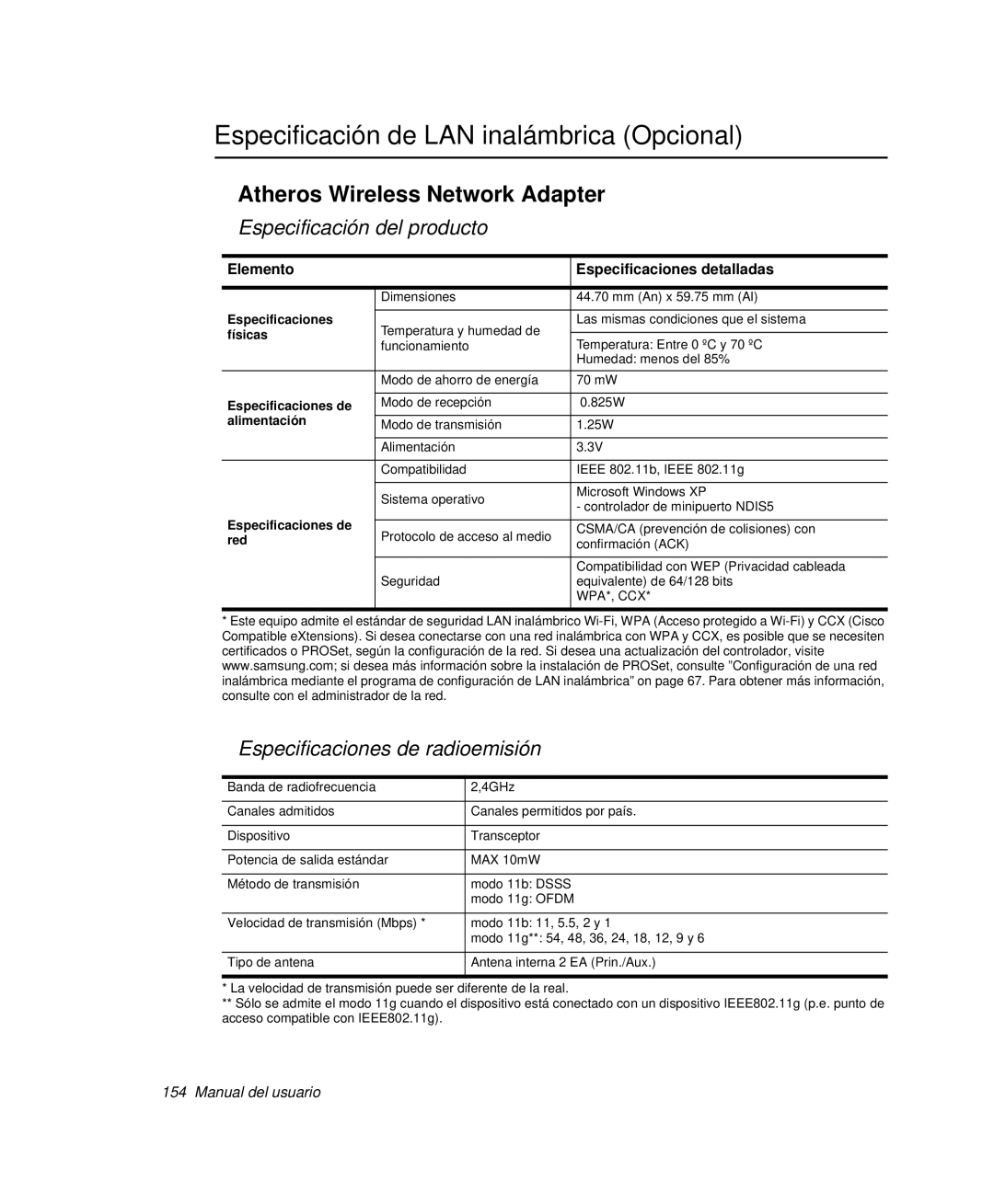 Samsung NP-R40R000/SES, NP-R40FY07/SES manual Especificación de LAN inalámbrica Opcional, Atheros Wireless Network Adapter 