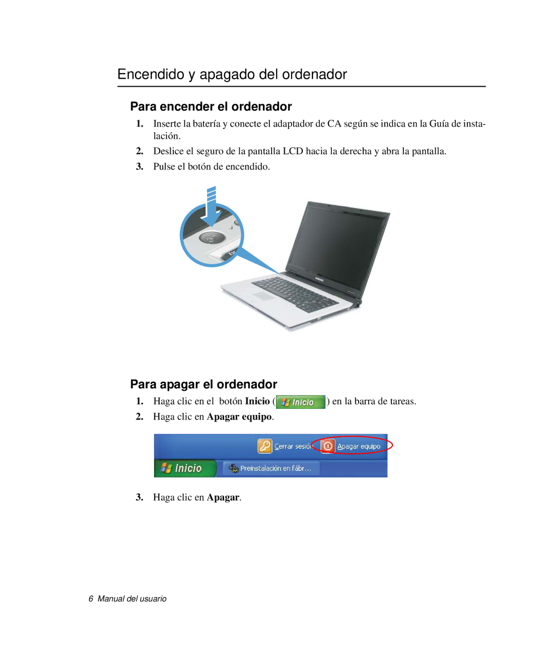 Samsung NP-R40FY09/SES manual Encendido y apagado del ordenador, Para encender el ordenador, Para apagar el ordenador 