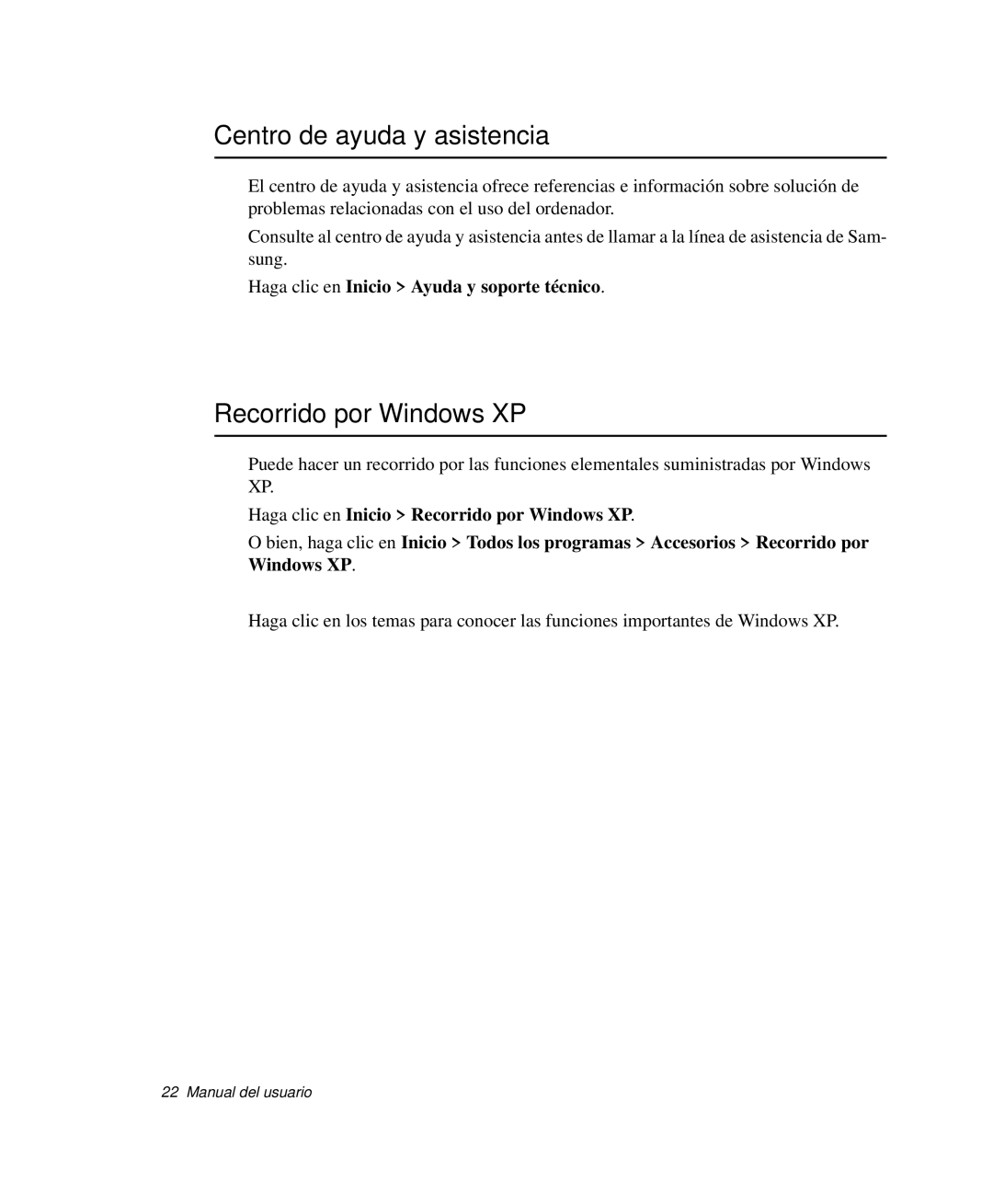 Samsung NP-R40FY01/SES Centro de ayuda y asistencia, Recorrido por Windows XP, Haga clic en Inicio Ayuda y soporte técnico 