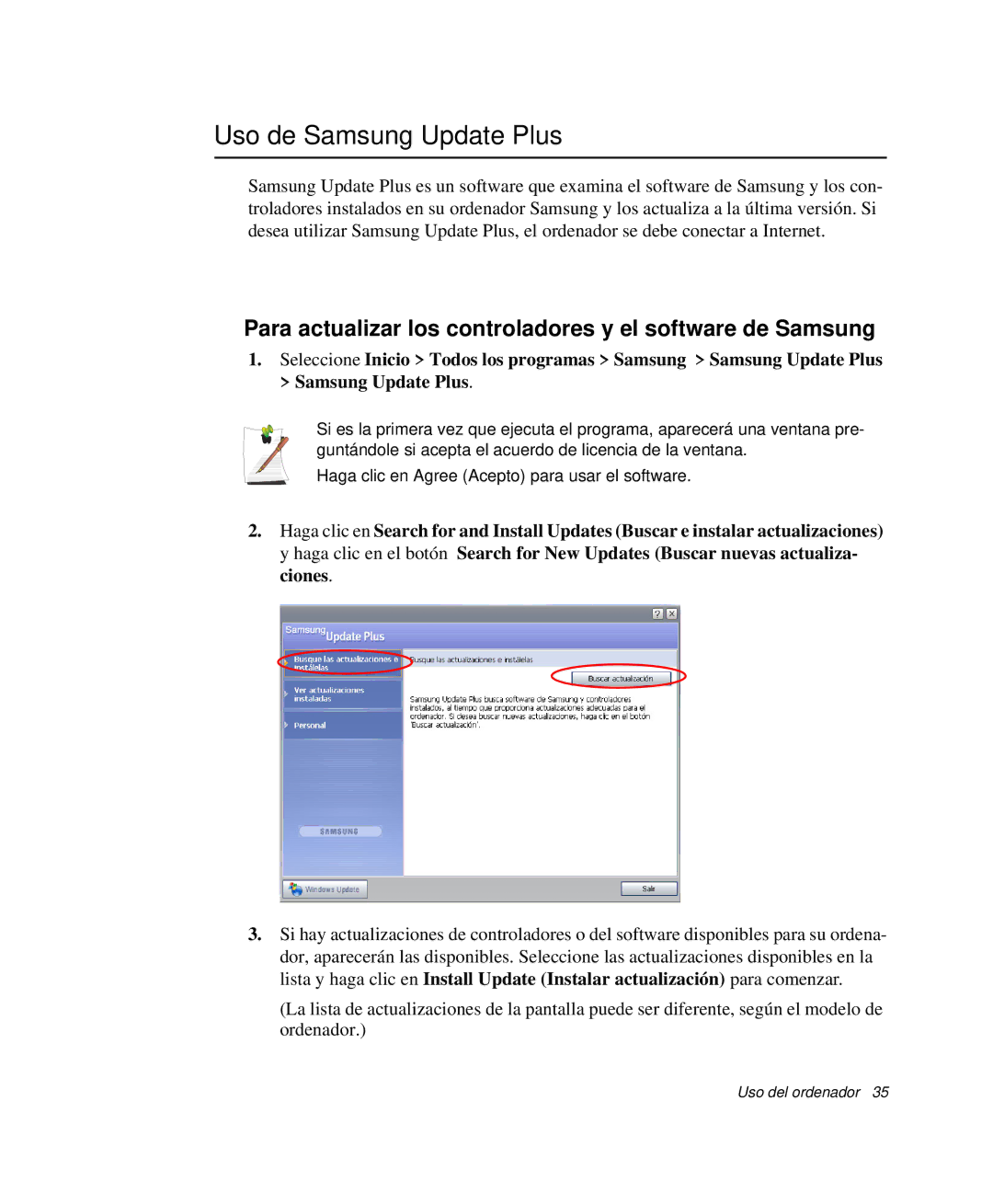 Samsung NP-R40FY07/SES manual Uso de Samsung Update Plus, Para actualizar los controladores y el software de Samsung 