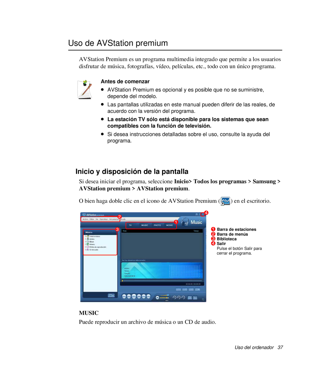 Samsung NP-R40XY01/SES, NP-R40FY07/SES Uso de AVStation premium, Inicio y disposición de la pantalla, Antes de comenzar 