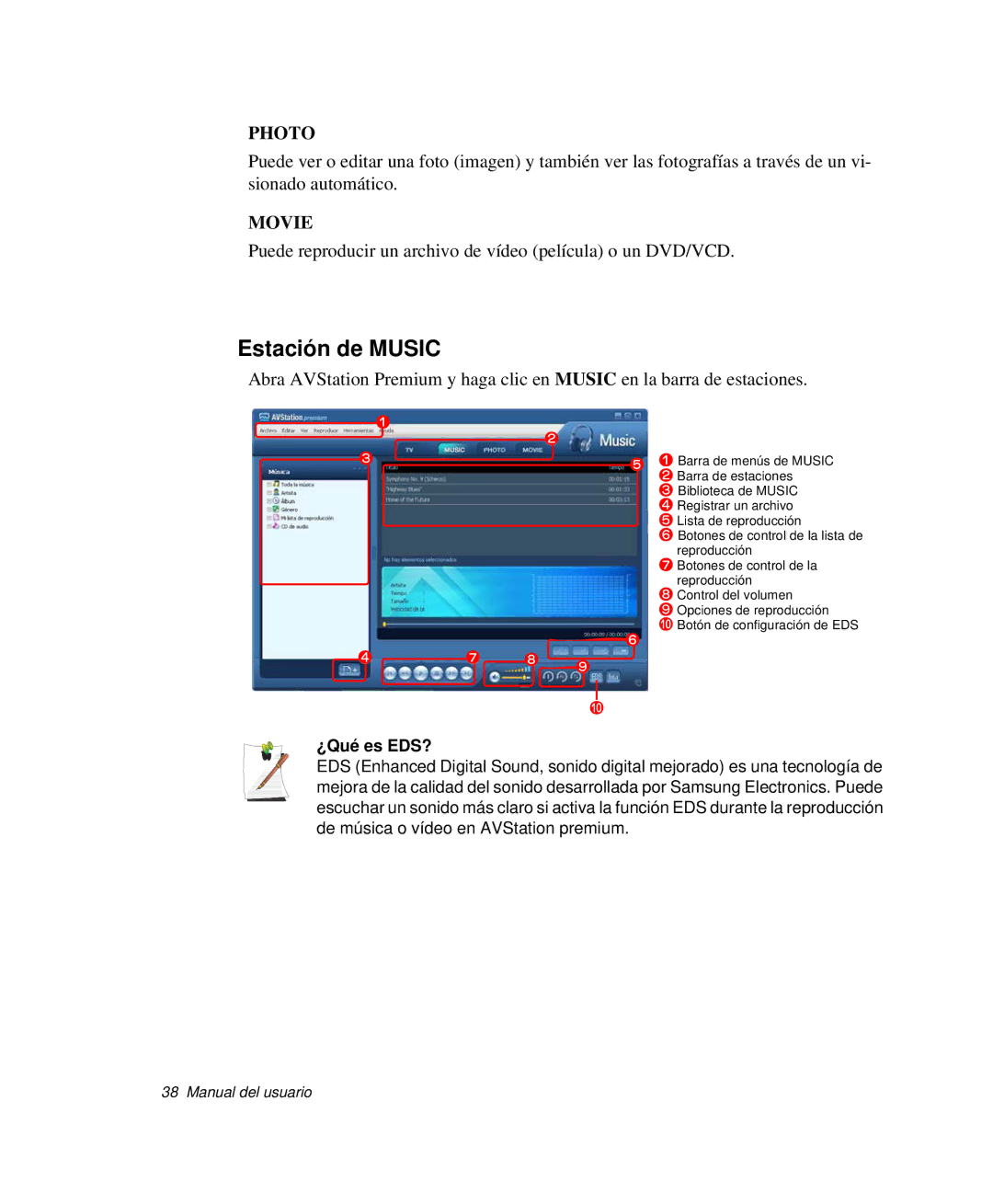 Samsung NP-R40R001/SES, NP-R40FY07/SES, NP-R40FY00/SES, NP-R40XY01/SES, NP-R40K00A/SES manual Estación de Music, ¿Qué es EDS? 