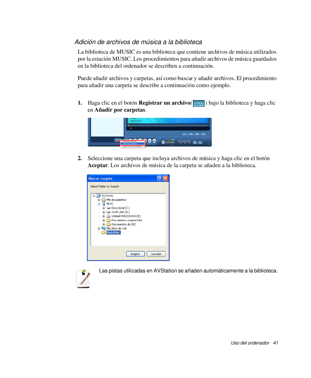 Samsung NP-R40K003/SES, NP-R40FY07/SES, NP-R40FY00/SES, NP-R40XY01/SES manual Adición de archivos de música a la biblioteca 