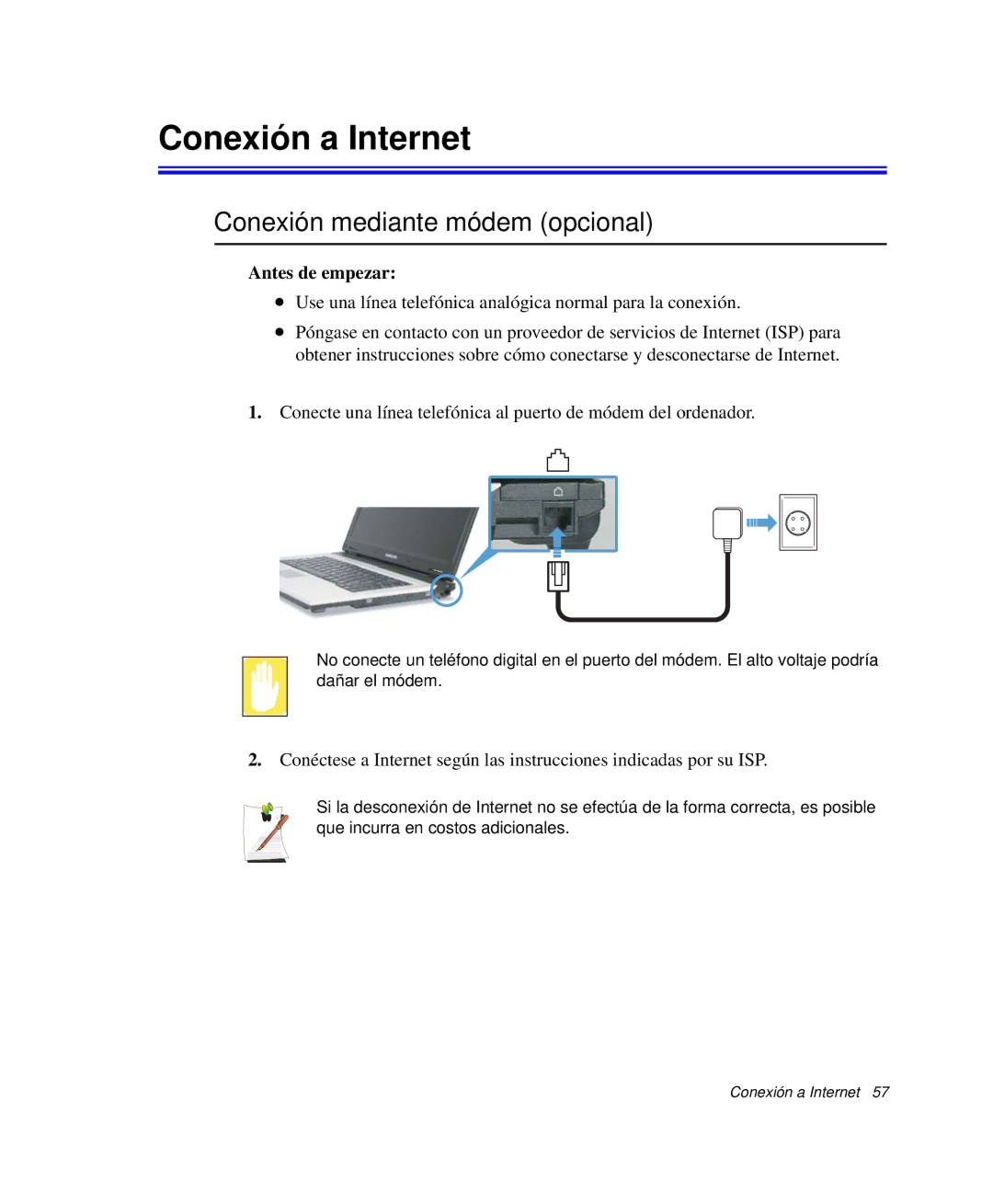 Samsung NP-R40FY02/SES, NP-R40FY07/SES manual Conexión a Internet, Conexión mediante módem opcional, Antes de empezar 