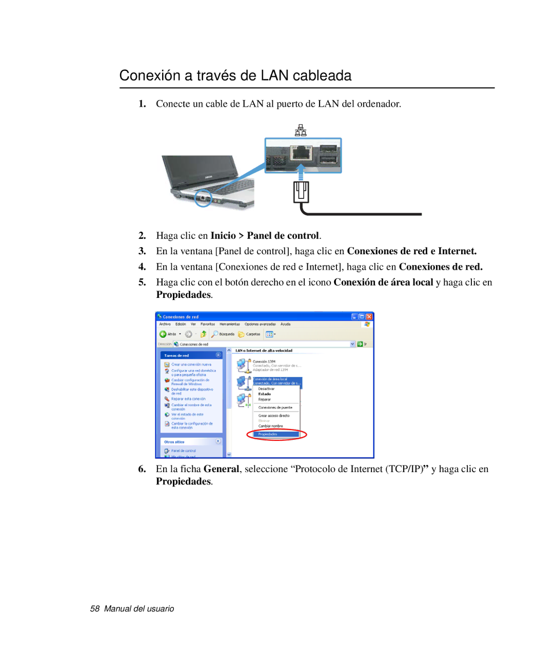 Samsung NP-R40K008/SES, NP-R40FY07/SES manual Conexión a través de LAN cableada, Haga clic en Inicio Panel de control 