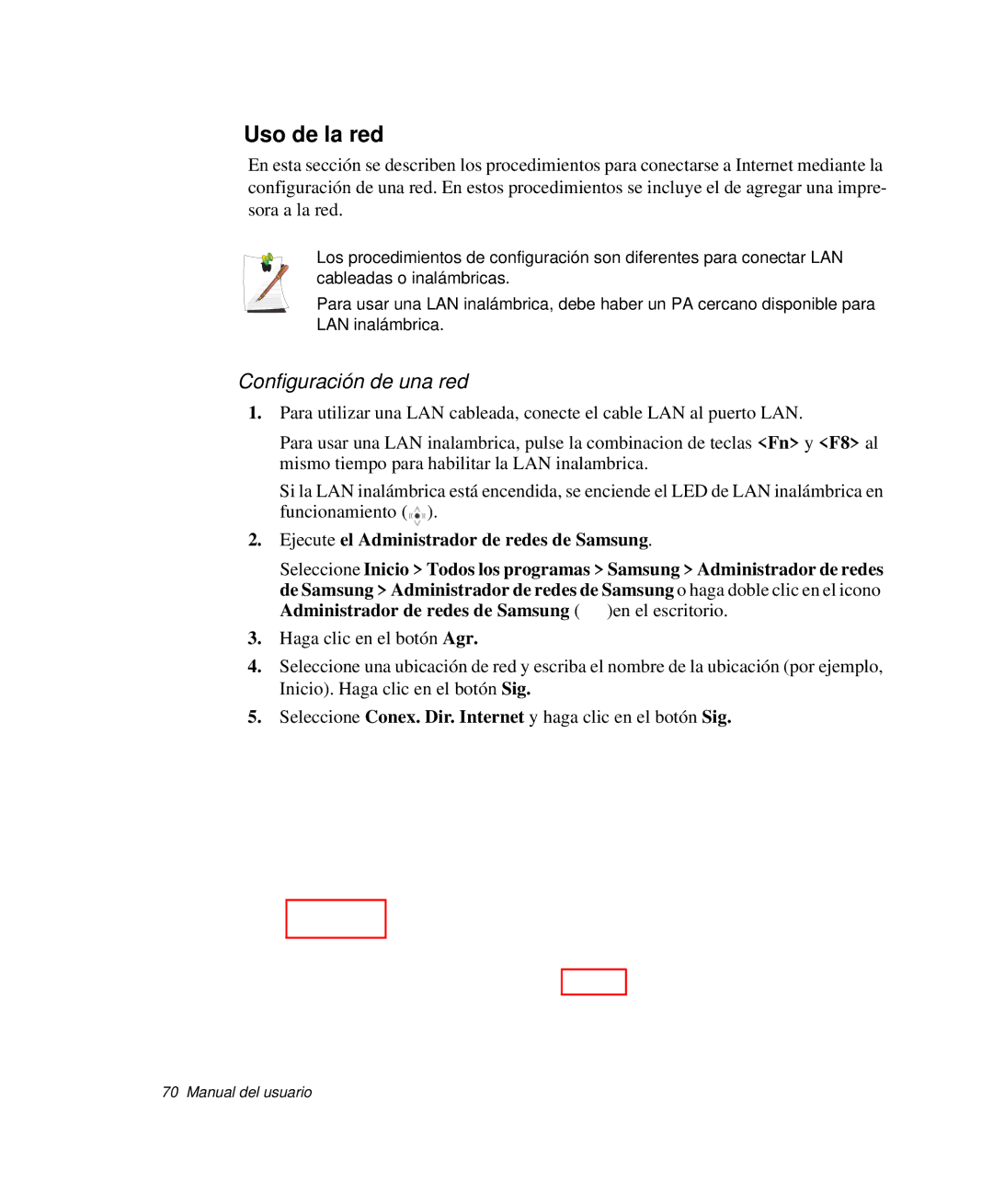 Samsung NP-R40FY08/SES, NP-R40FY07/SES, NP-R40FY00/SES, NP-R40XY01/SES manual Uso de la red, Configuración de una red 