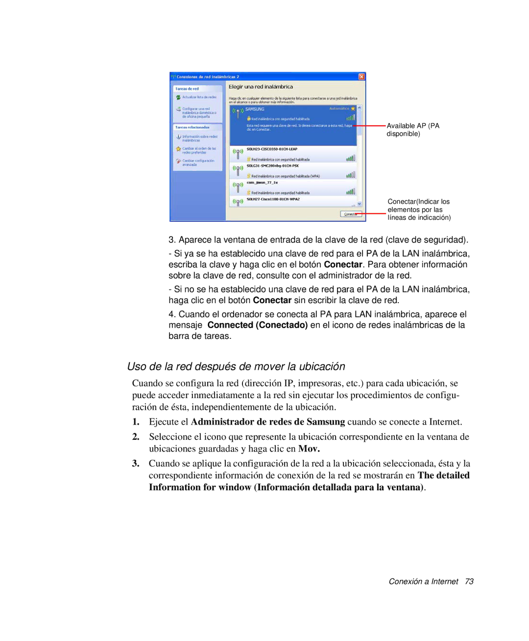 Samsung NP-R40R000/SES, NP-R40FY07/SES, NP-R40FY00/SES, NP-R40XY01/SES manual Uso de la red después de mover la ubicación 