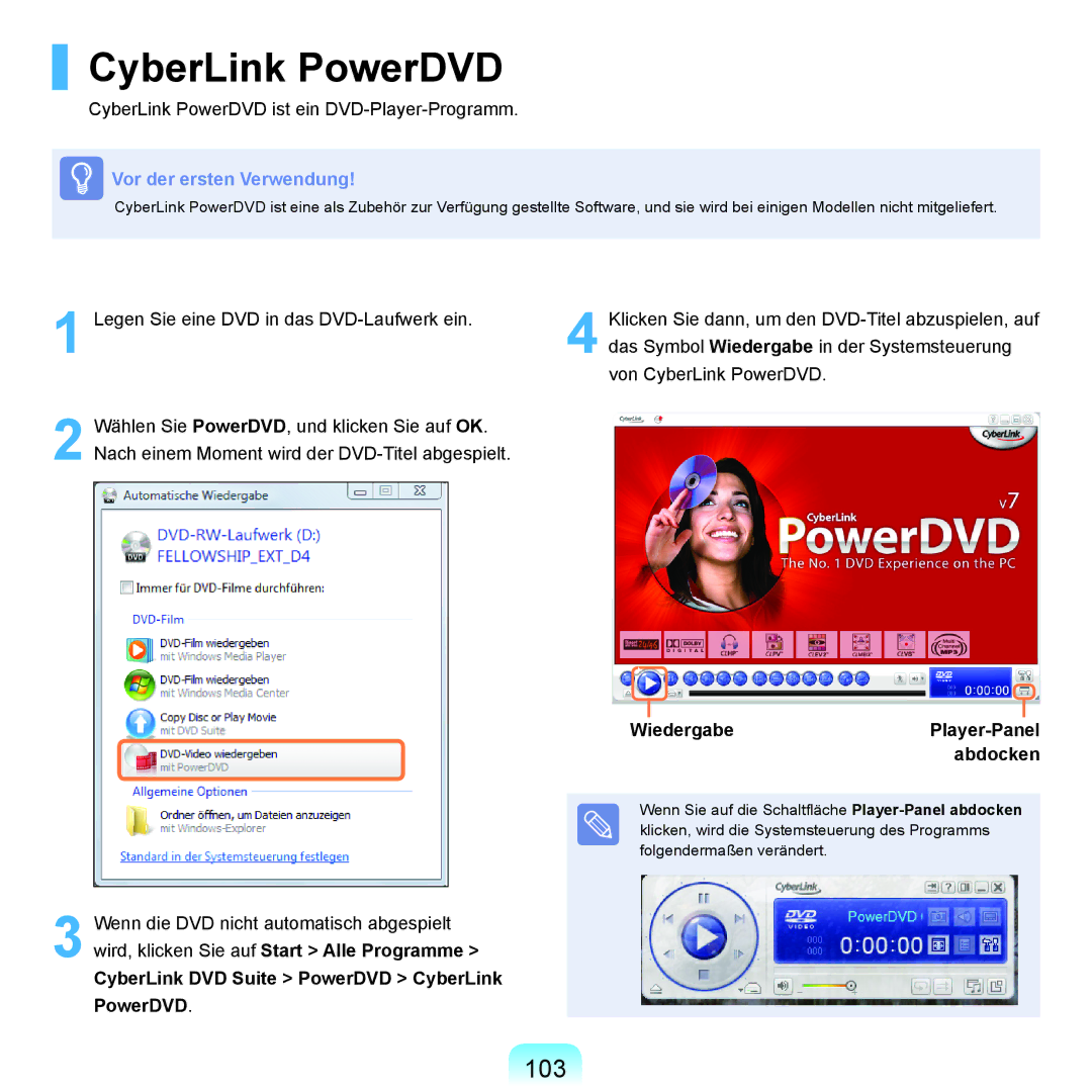 Samsung NP-R40FY00/SEG manual CyberLink PowerDVD, 103, Wiedergabe, Abdocken, CyberLink DVD Suite PowerDVD CyberLink 