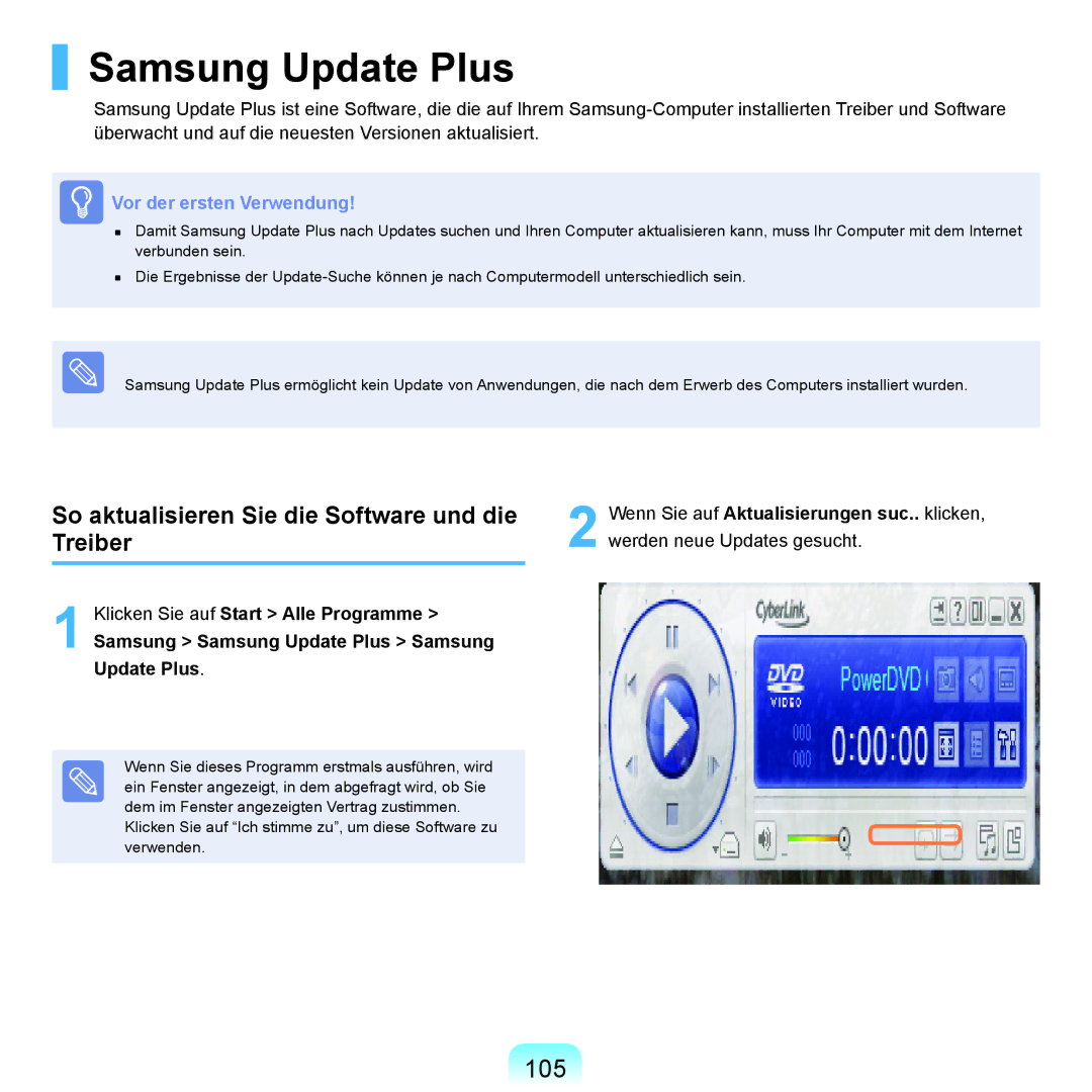 Samsung NP-R40FY03/SEG, NP-R40FY0B/SEG manual Samsung Update Plus, 105, So aktualisieren Sie die Software und die Treiber 