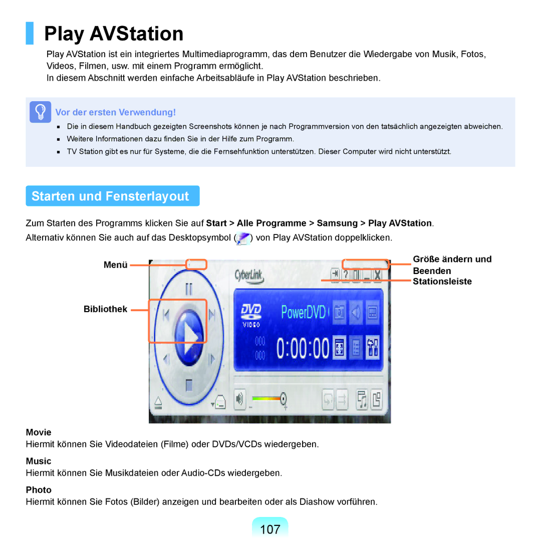 Samsung NP-R40FY0C/SEG, NP-R40FY0B/SEG, NP-R40FY03/SEG, NP-R40FY01/SEG manual Play AVStation, Starten und Fensterlayout, 107 