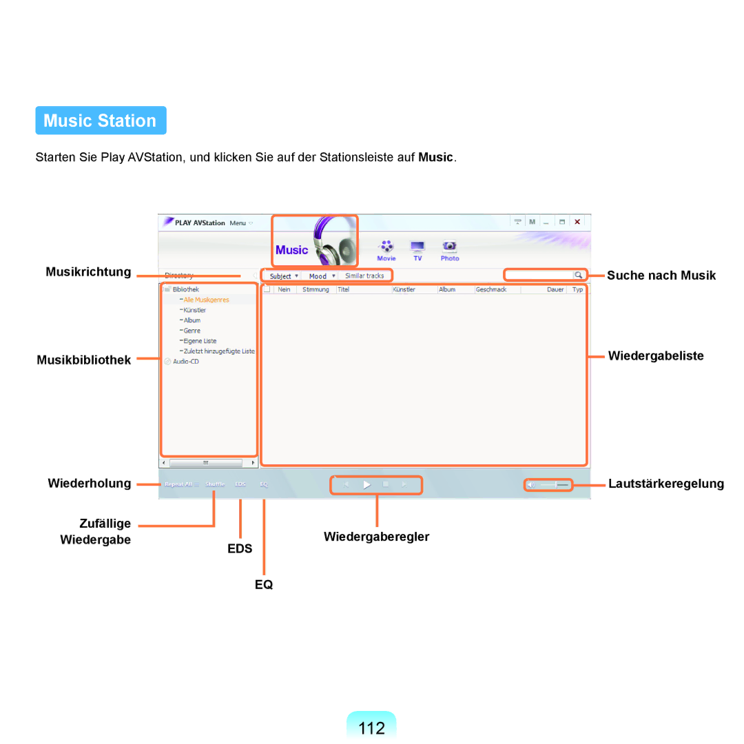 Samsung NP-R40FY0A/SEG, NP-R40FY0B/SEG, NP-R40FY03/SEG manual Music Station, 112, Musikrichtung Musikbibliothek, Zufällige 