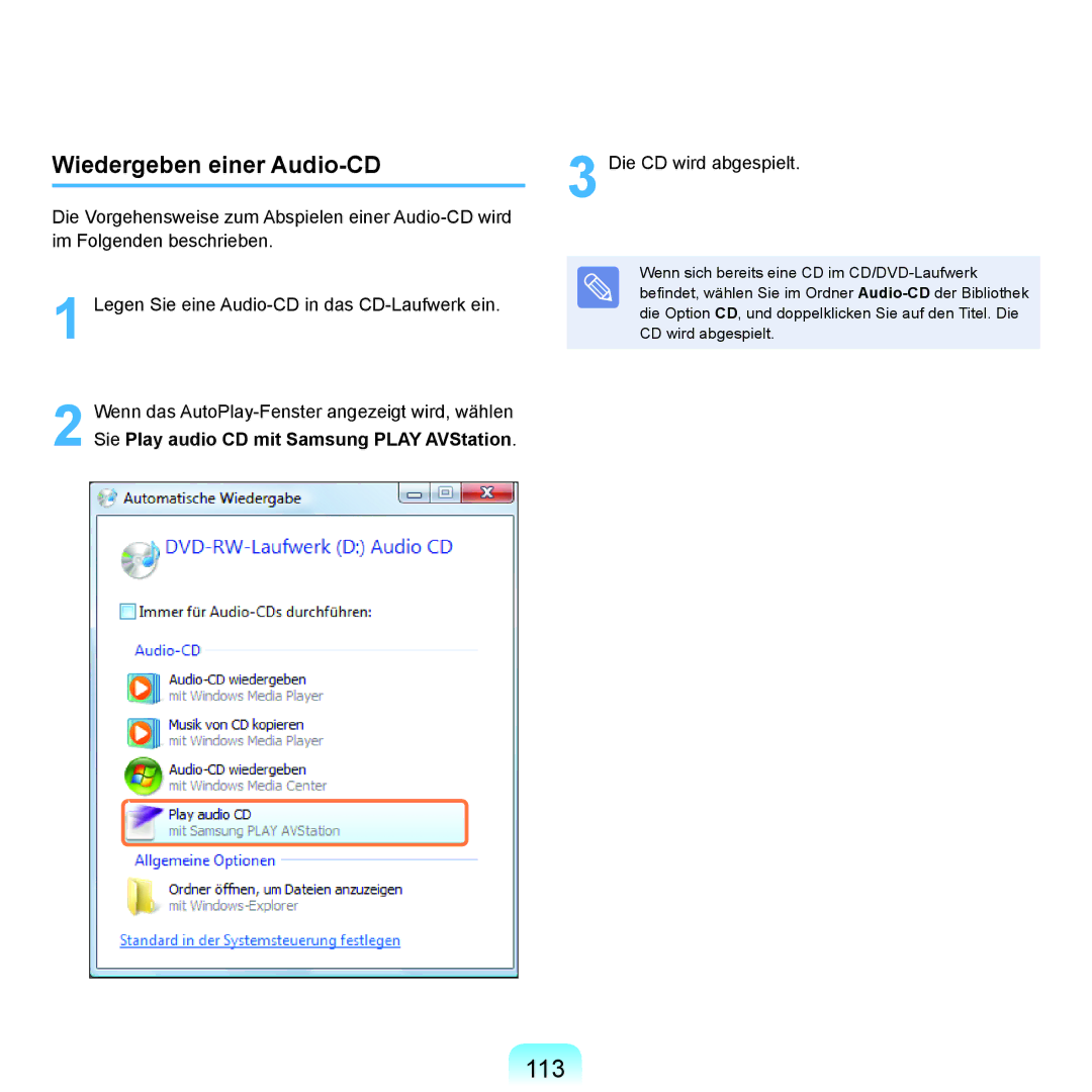 Samsung NP-R40FY04/SEG, NP-R40FY0B/SEG, NP-R40FY03/SEG, NP-R40FY01/SEG, NP-R40FY0C/SEG manual 113, Wiedergeben einer Audio-CD 