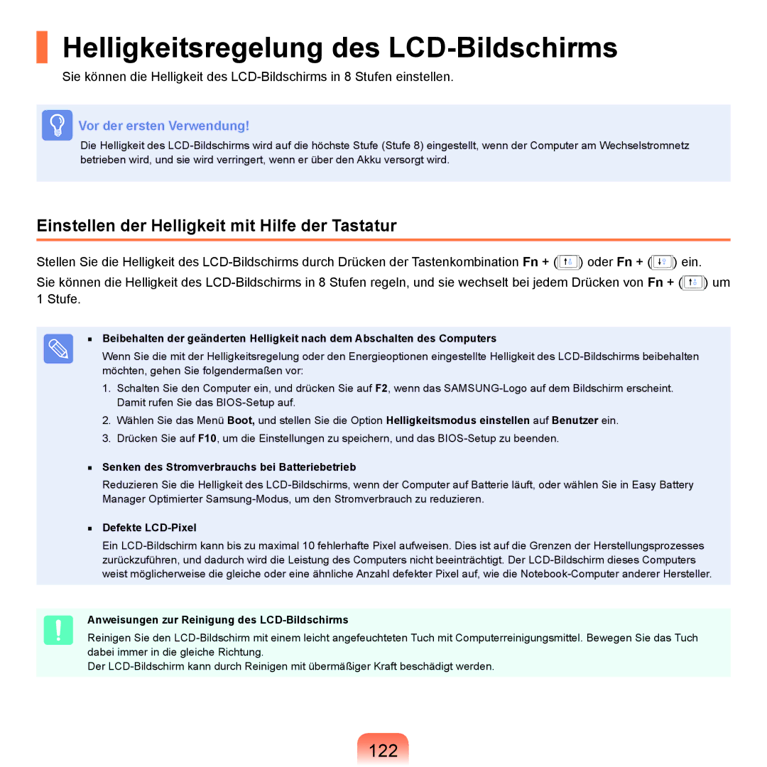 Samsung NP-R40FY0C/SEG Helligkeitsregelung des LCD-Bildschirms, 122, Einstellen der Helligkeit mit Hilfe der Tastatur 