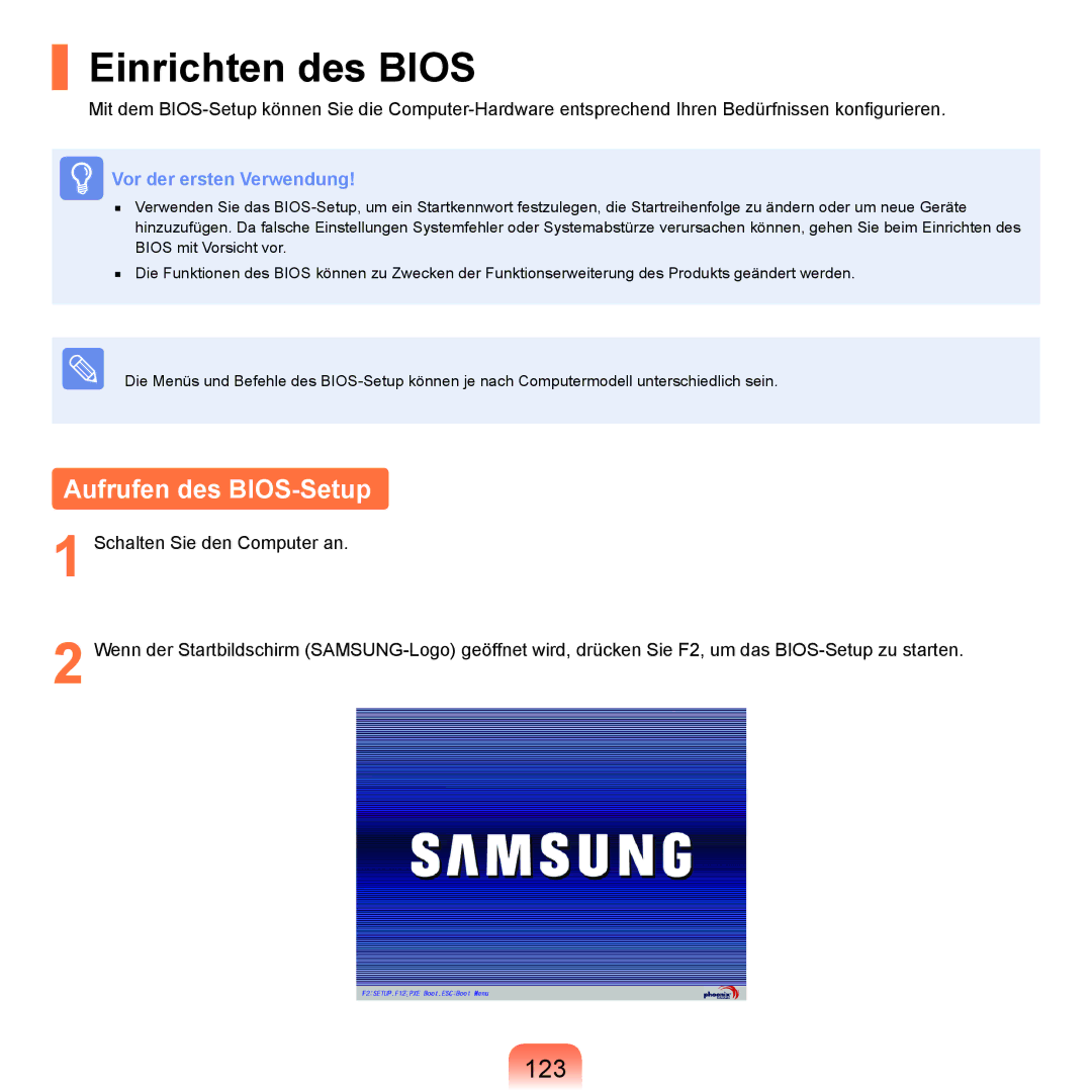 Samsung NP-R40FY07/SEG, NP-R40FY0B/SEG, NP-R40FY03/SEG, NP-R40FY01/SEG Einrichten des Bios, Aufrufen des BIOS-Setup, 123 