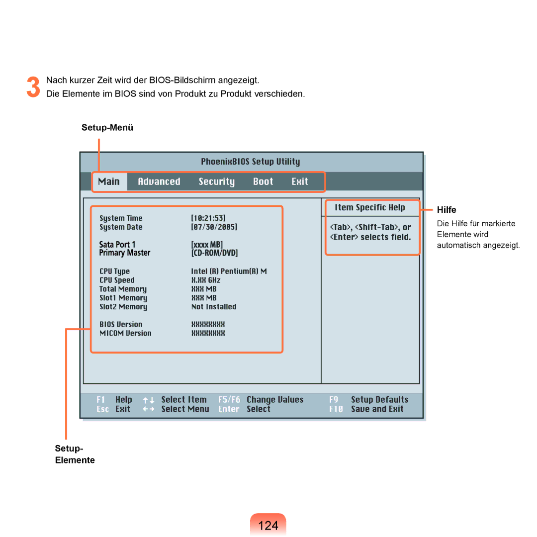 Samsung NP-R40FY09/SEG, NP-R40FY0B/SEG, NP-R40FY03/SEG, NP-R40FY01/SEG, NP-R40FY0C/SEG manual Setup-Menü, Elemente, Hilfe 