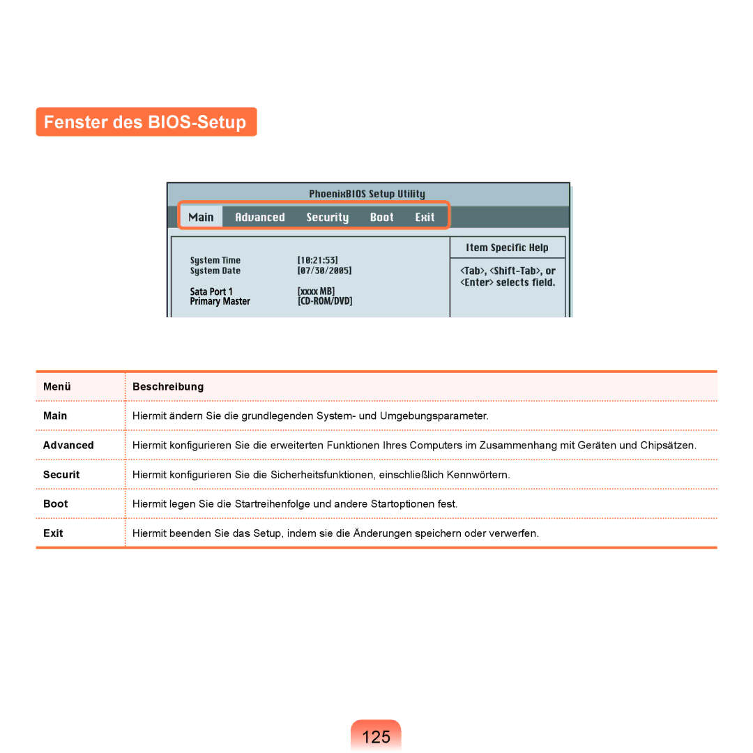 Samsung NP-R40FY05/SEG, NP-R40FY0B/SEG manual Fenster des BIOS-Setup, 125, Menü Main Advanced Securit Boot Exit Beschreibung 