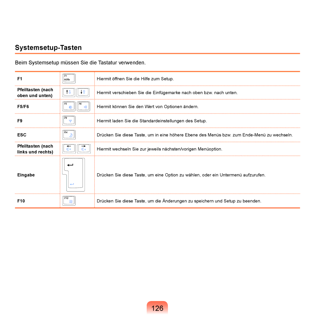 Samsung NP-R40FY02/SEG, NP-R40FY0B/SEG, NP-R40FY03/SEG manual 126, Systemsetup-Tasten, Pfeiltasten nach oben und unten F5/F6 