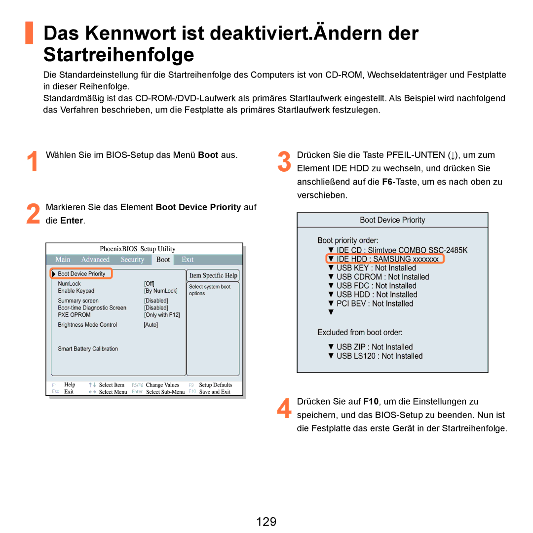 Samsung NP-R40FY08/SEG, NP-R40FY0B/SEG, NP-R40FY03/SEG manual Das Kennwort ist deaktiviert.Ändern der Startreihenfolge, 129 