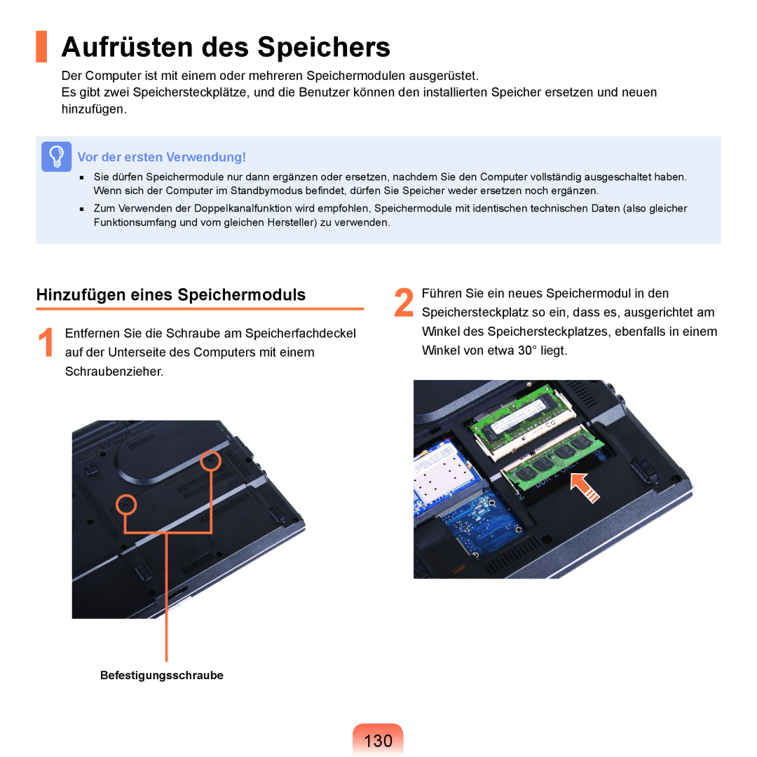 Samsung NP-R40FY06/SEG, NP-R40FY0B/SEG, NP-R40FY03/SEG manual Aufrüsten des Speichers, 130, Hinzufügen eines Speichermoduls 