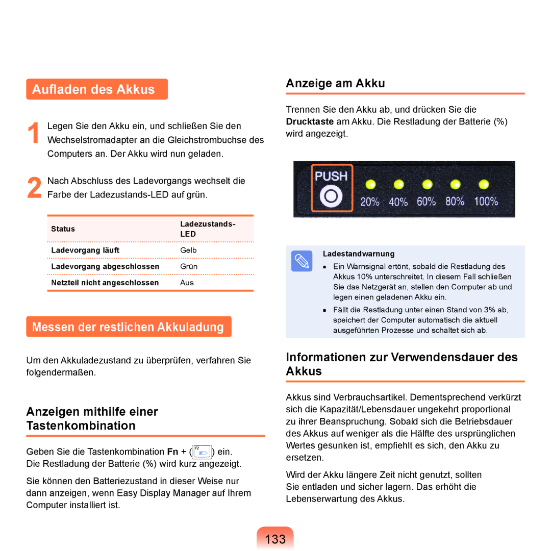 Samsung NP-R40FY00/SEG, NP-R40FY0B/SEG, NP-R40FY03/SEG manual Aufladen des Akkus, Messen der restlichen Akkuladung, 133 