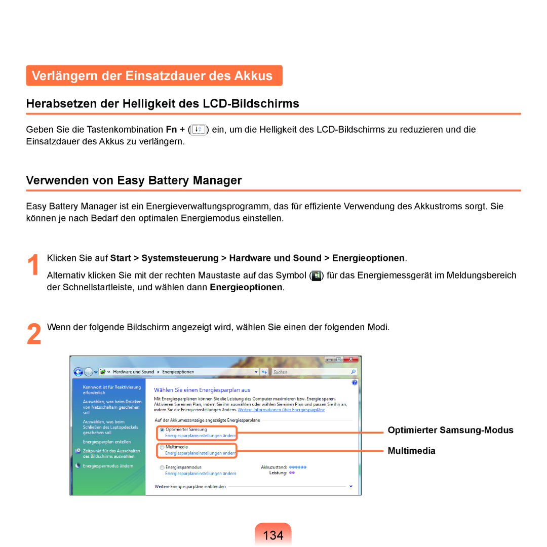 Samsung NP-R40FY0B/SEG manual Verlängern der Einsatzdauer des Akkus, 134, Herabsetzen der Helligkeit des LCD-Bildschirms 