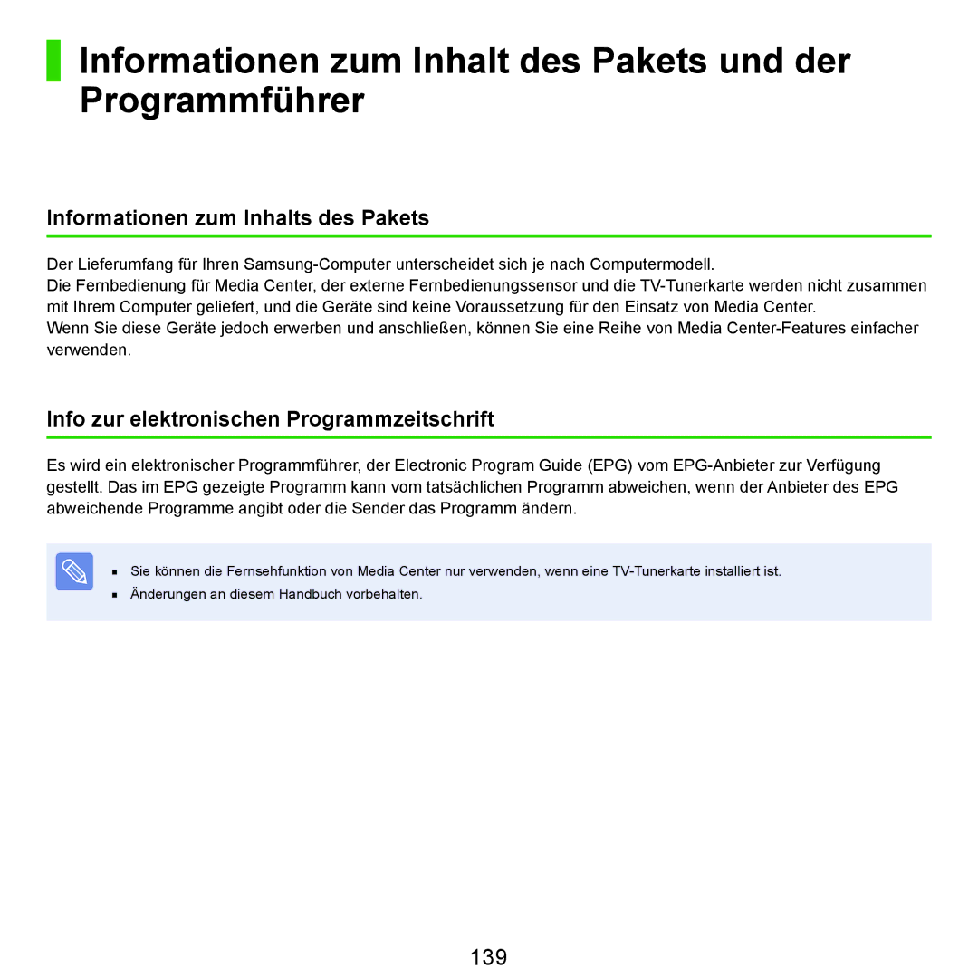 Samsung NP-R40FY09/SEG, NP-R40FY0B/SEG, NP-R40FY03/SEG manual Informationen zum Inhalt des Pakets und der Programmführer, 139 