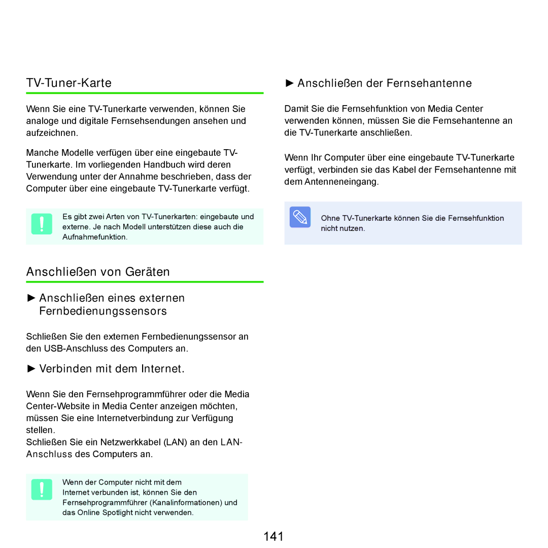 Samsung NP-R40FY02/SEG, NP-R40FY0B/SEG, NP-R40FY03/SEG, NP-R40FY01/SEG manual 141, TV-Tuner-Karte, Anschließen von Geräten 