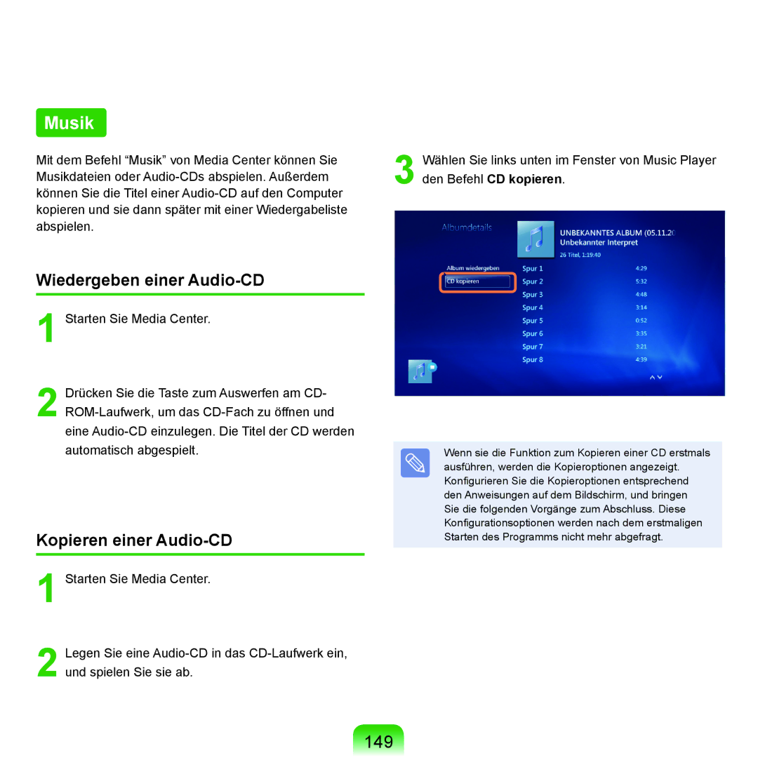 Samsung NP-R40FY0B/SEG, NP-R40FY03/SEG, NP-R40FY01/SEG, NP-R40FY0C/SEG, NP-R40FY07/SEG Musik, 149, Kopieren einer Audio-CD 