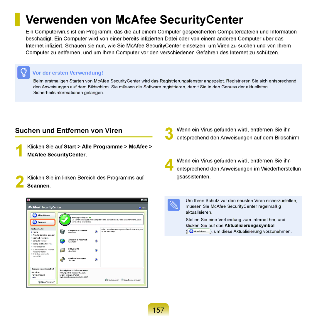 Samsung NP-R40FY0A/SEG, NP-R40FY0B/SEG manual Verwenden von McAfee SecurityCenter, 157, Suchen und Entfernen von Viren 