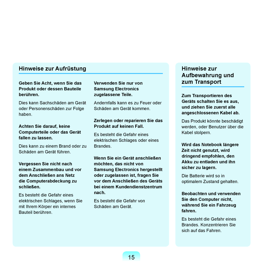 Samsung NP-R40FY03/SEG, NP-R40FY0B/SEG, NP-R40FY01/SEG Hinweise zur Aufrüstung Hinweise zur Aufbewahrung und, Zum Transport 