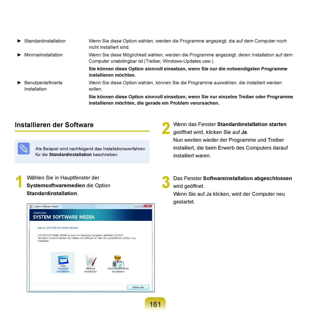 Samsung NP-R40FY0E/SEG, NP-R40FY0B/SEG, NP-R40FY03/SEG, NP-R40FY01/SEG, NP-R40FY0C/SEG manual 161, Installieren der Software 