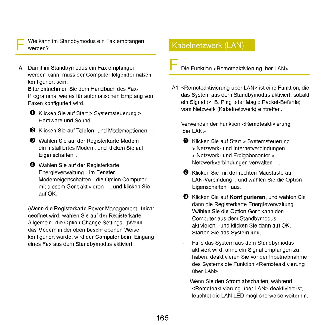 Samsung NP-R40FY03/SEG manual Kabelnetzwerk LAN, 165, Wie kann im Standbymodus ein Fax empfangen werden?, Eigenschaften aus 