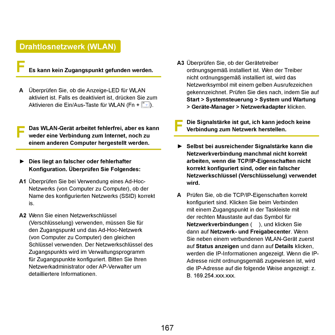 Samsung NP-R40FY0C/SEG, NP-R40FY0B/SEG manual Drahtlosnetzwerk Wlan, 167, Es kann kein Zugangspunkt gefunden werden 