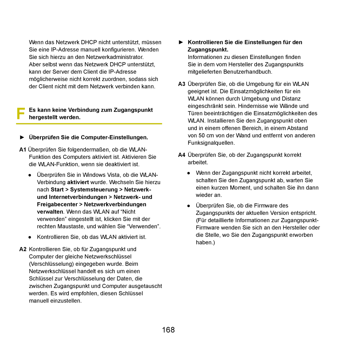 Samsung NP-R40FY07/SEG, NP-R40FY0B/SEG, NP-R40FY03/SEG manual 168, Kontrollieren Sie die Einstellungen für den Zugangspunkt 